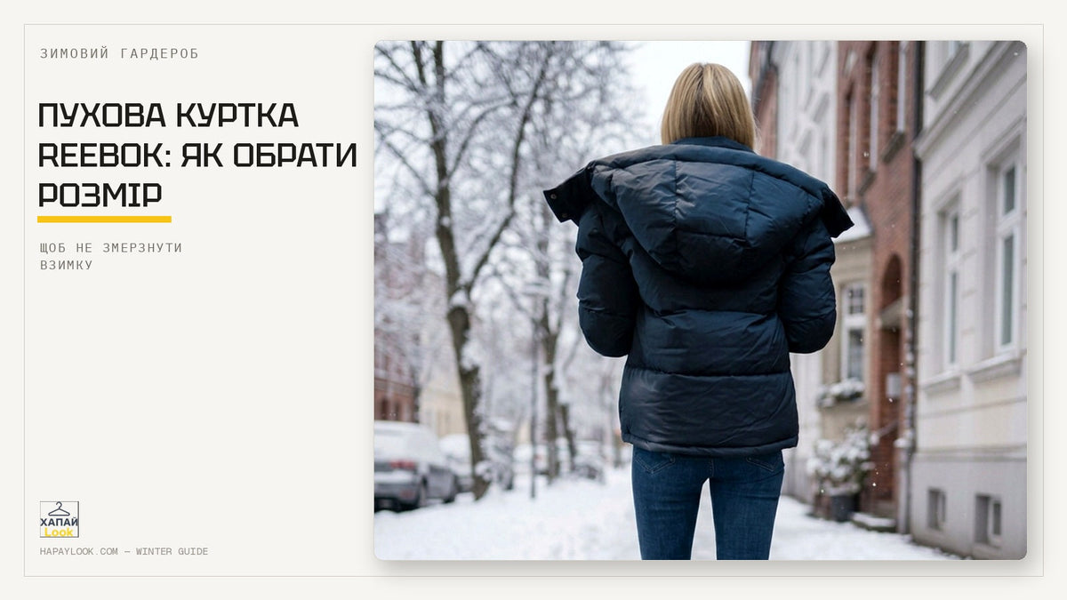 Жінка у чорній пуховій куртці Reebok з капюшоном йде засніженою вулицею — приклад теплої зимової куртки.
