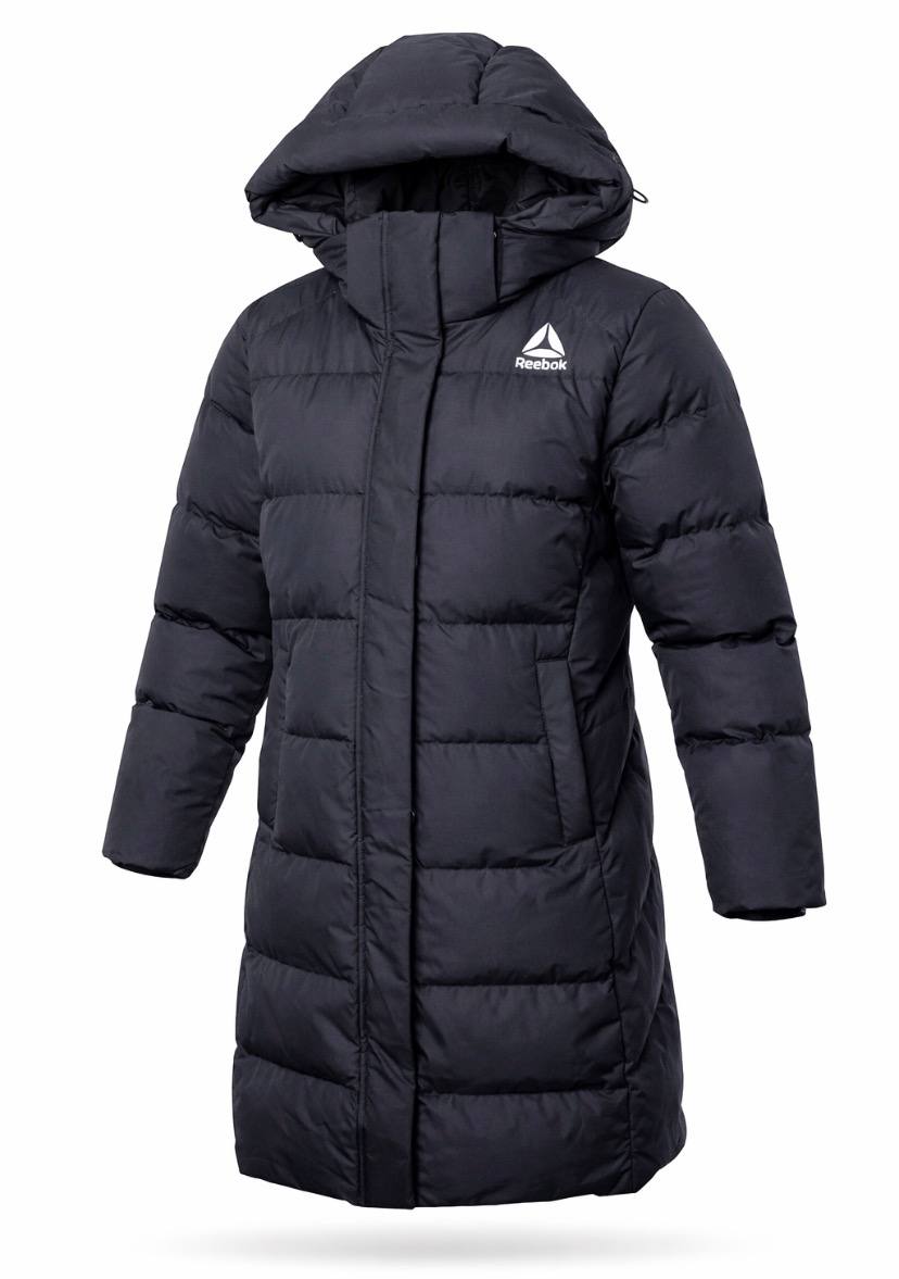 Жіноча довга чорна пухова куртка Reebok OS W Long Down JCK з капюшоном, тепла зимова модель
